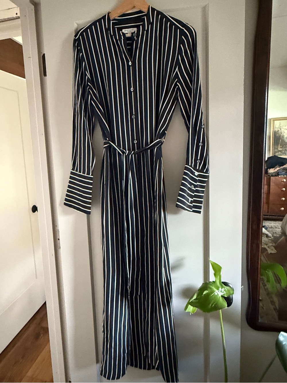 Equipment Femme 100% Silk Black White Pinstripe Belted Shirt Dress - Size S